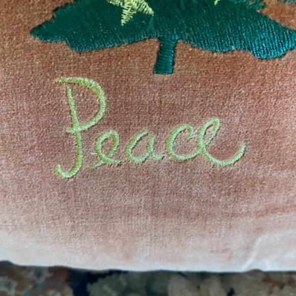 Vintage WINE VELVET PILLOW w GOLD EDGE * GREEN Embroidered TREE * GOLD "Peace" - Picture 3 of 7